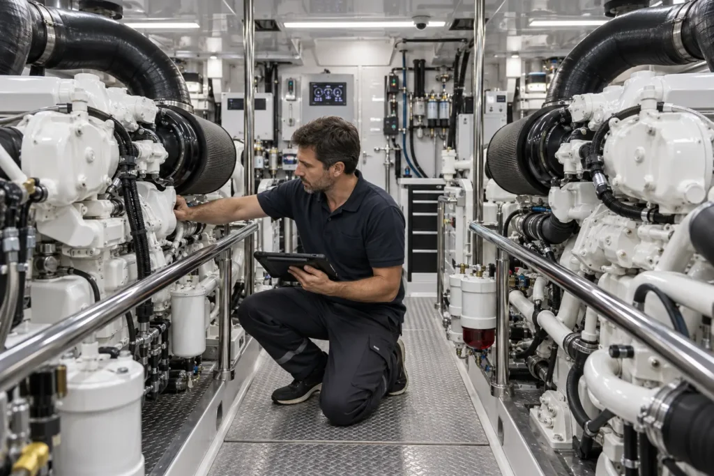 Boat safety equipment inspection on a yacht