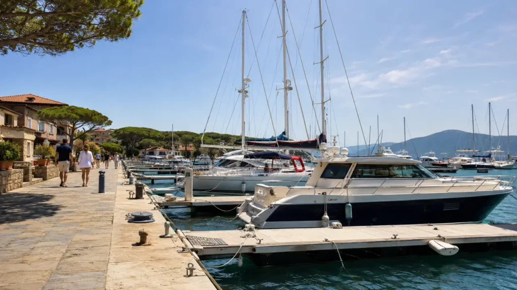 Marina with boats moored along the pontoons