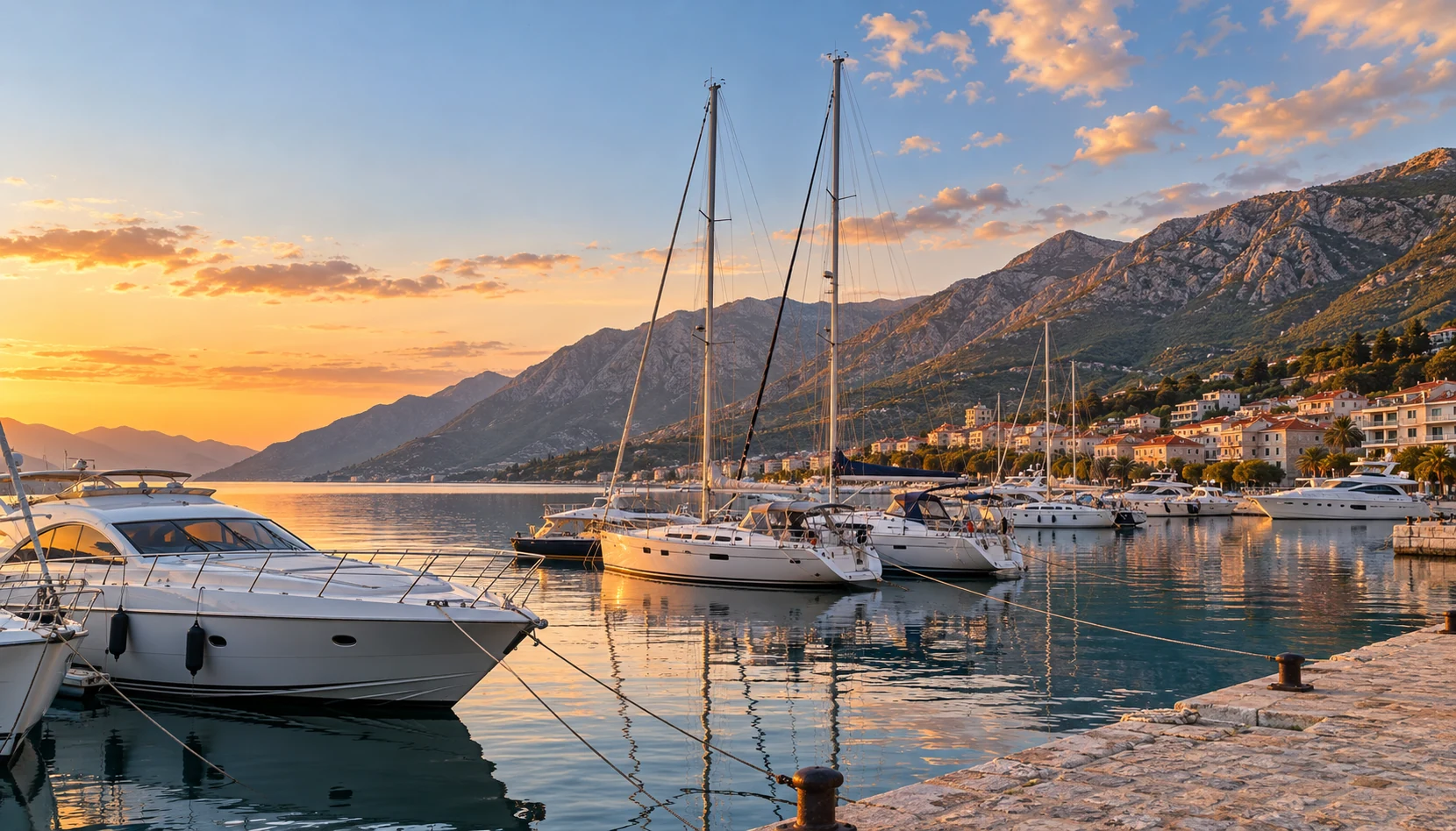 Albania marina at golden hour with moored yachts, yacht brokers Albania