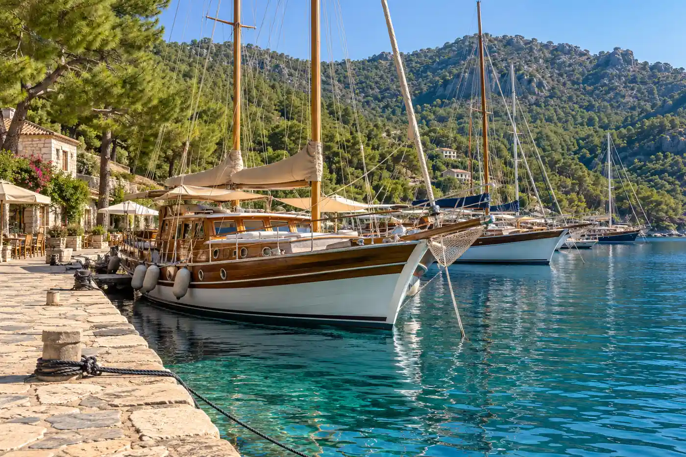 Turkish gulet moored along a cruising coast