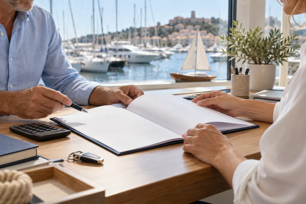 Boat insurance and tax paperwork on a desk