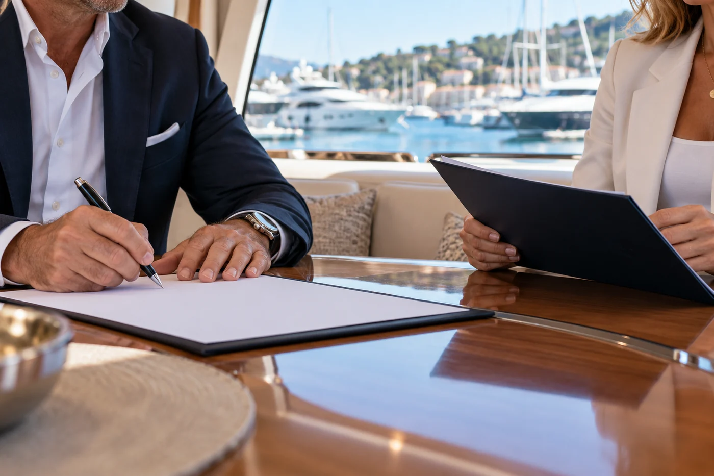 Signing a boat purchase agreement