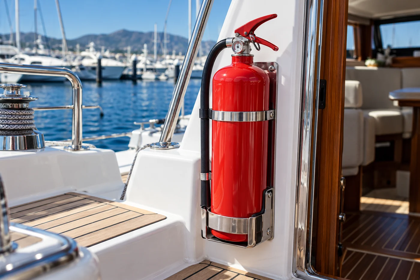 Boat safety equipment: fire extinguisher fitted on a yacht
