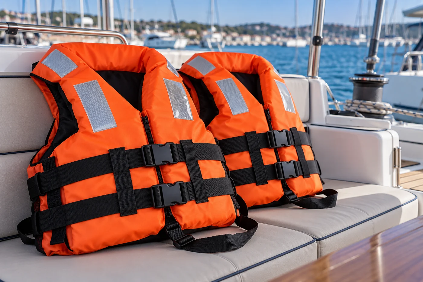 Boat safety equipment: lifejackets stowed on a yacht