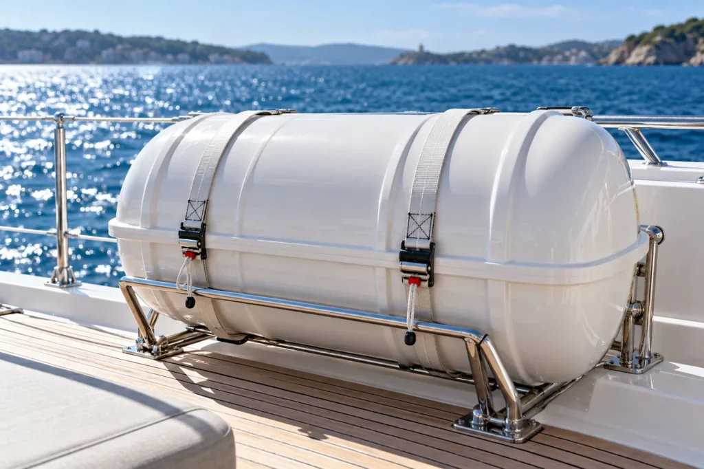 Boat safety equipment: white liferaft stowed in its cradle on the deck of a yacht