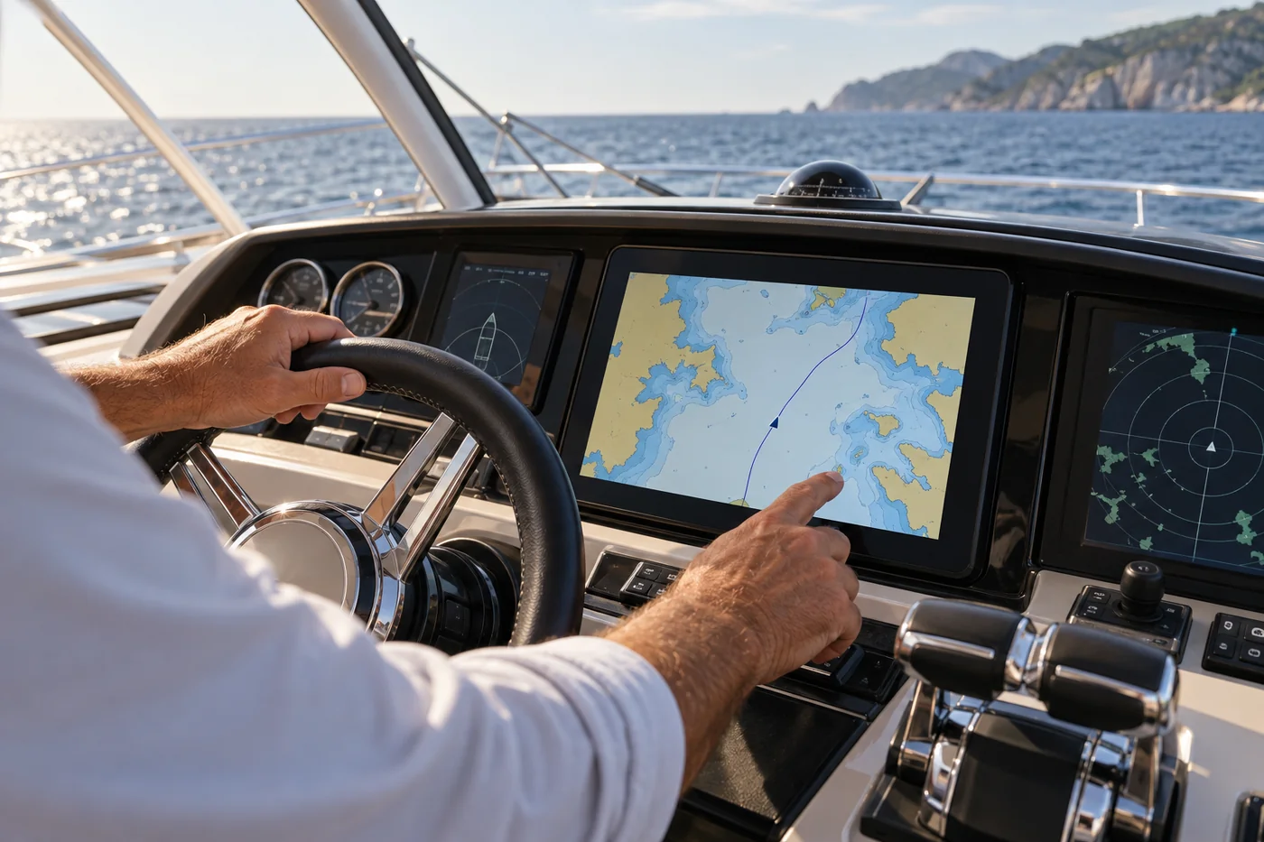 Skipper hands on a chart plotter at the helm