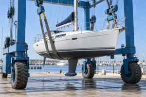 Boat lifted by a travel lift for a haul-out survey