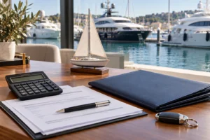Model yacht beside a calculator for boat tax costs