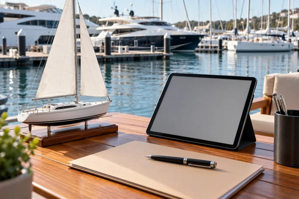 Tablet showing a boat valuation beside a model yacht