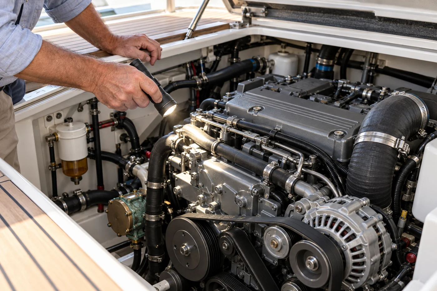 Surveyor inspecting a yacht engine with a torch
