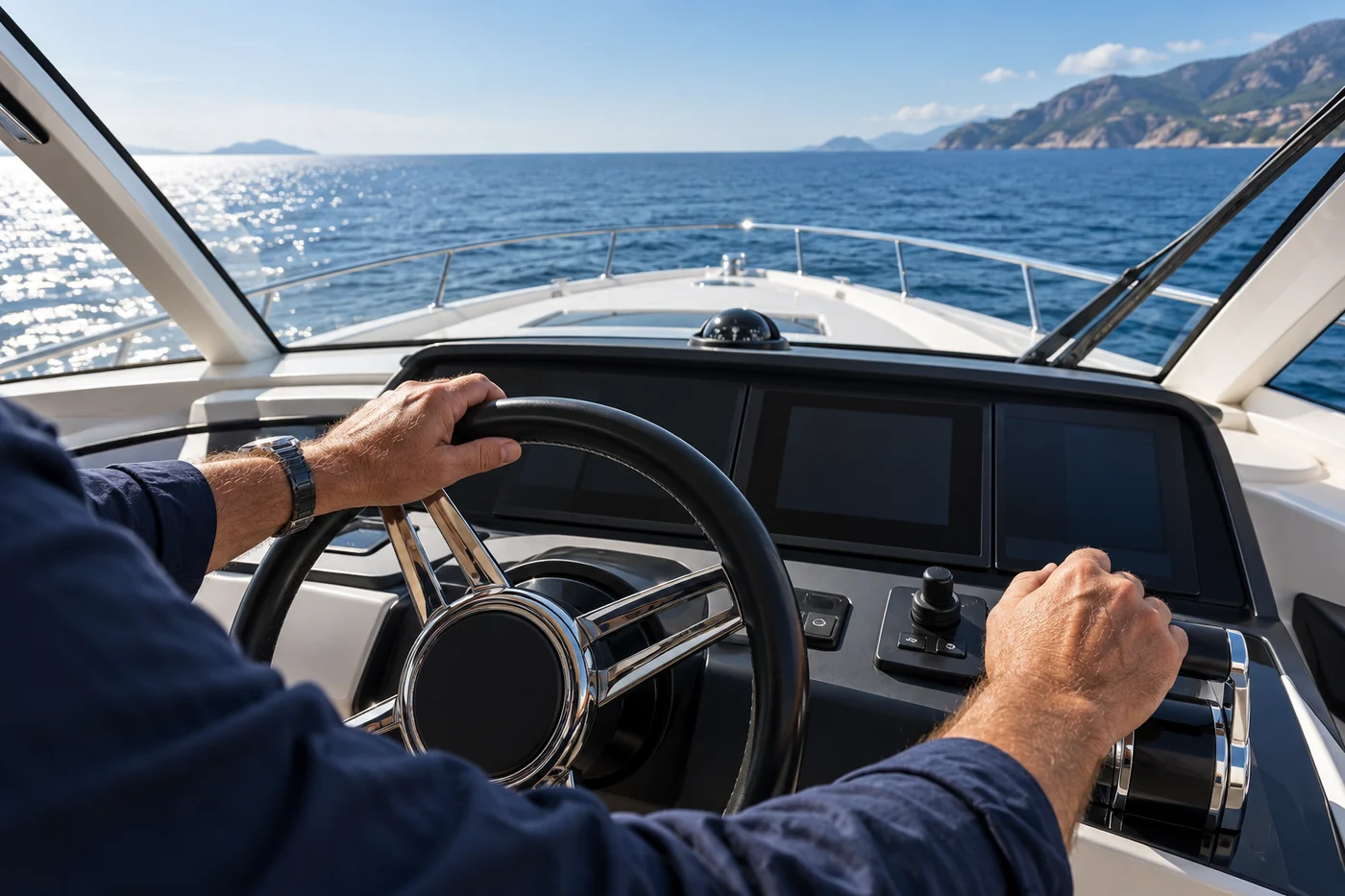 Hands on the helm of a motor yacht during a sea trial