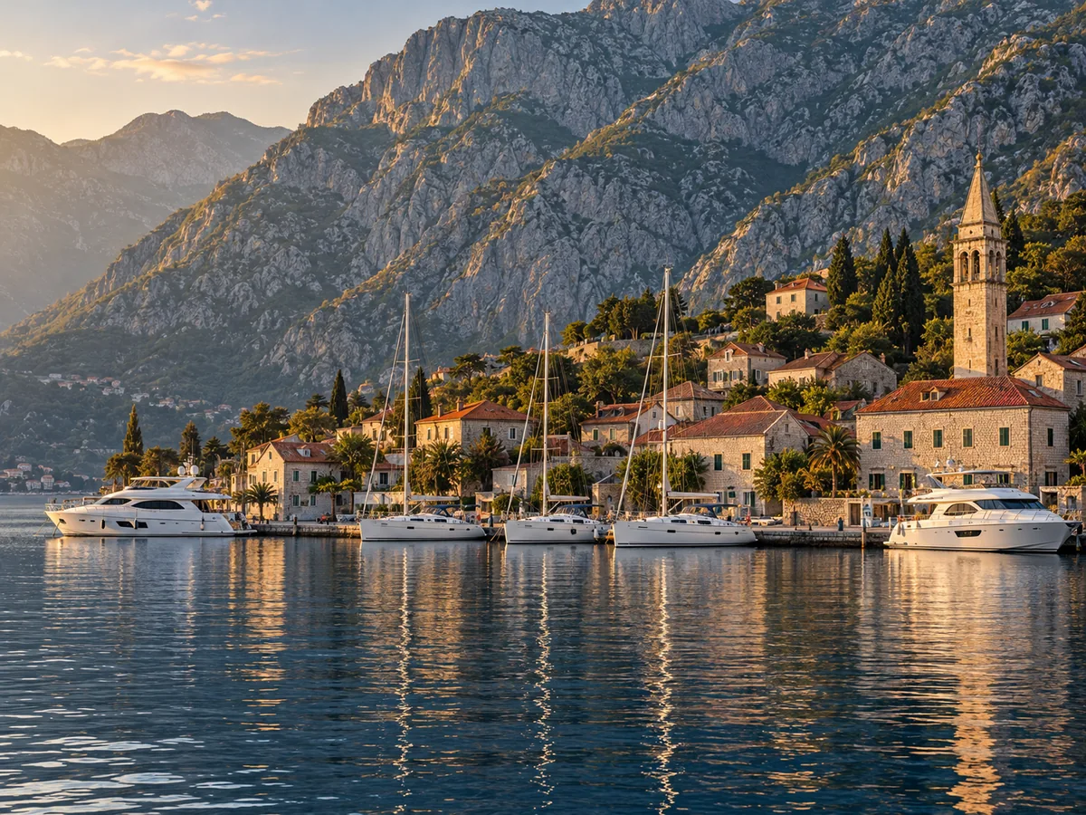 Yachts moored beneath the mountains of the Bay of Kotor, Montenegro