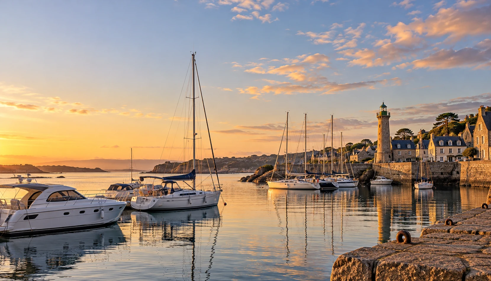 Brittany marina in France with moored yachts, yacht brokers Brittany