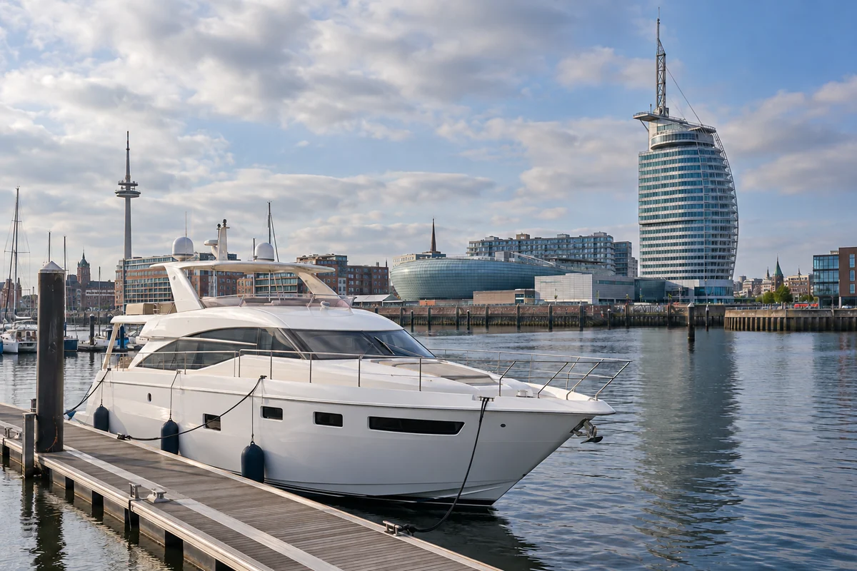 A motor yacht beside Bremerhaven’s waterfront in Germany illustrates yacht brokers Germany.