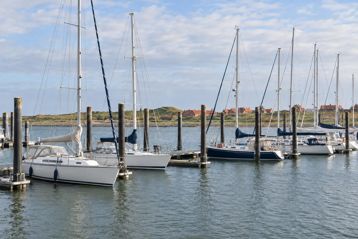Sailing yachts in Norderney’s tidal harbour in Germany illustrate yacht brokers Germany.