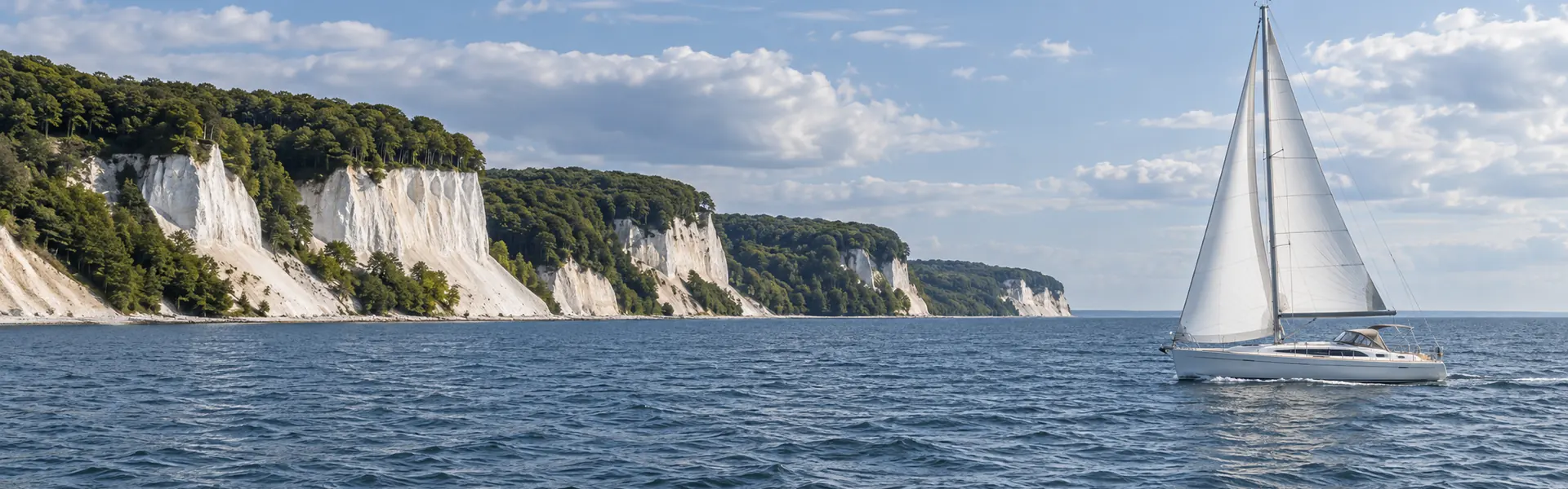 A sailing yacht beside Rügen’s chalk cliffs in Germany illustrates yacht brokers Germany.