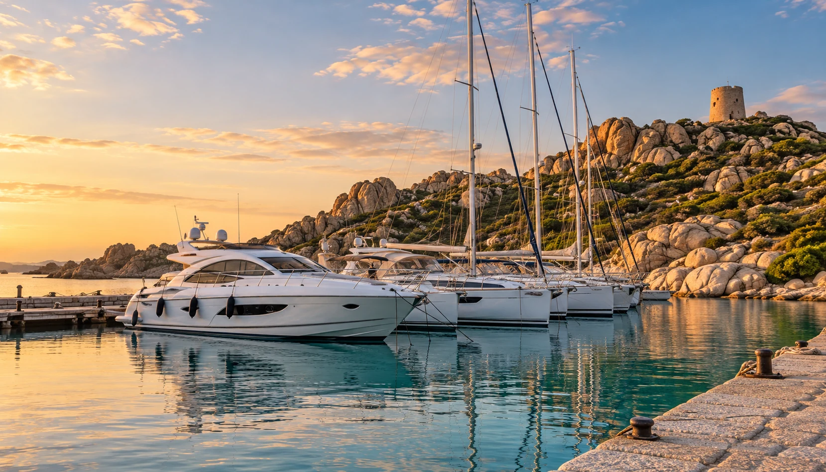 Sardinia marina in Italy with moored yachts, yacht brokers Sardinia
