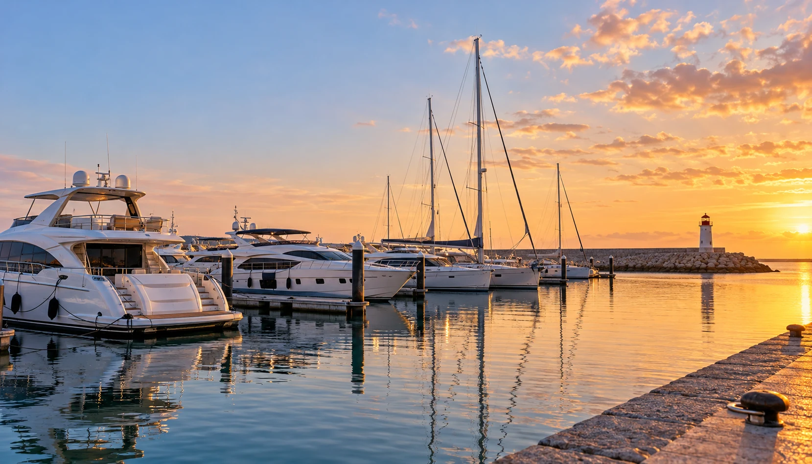 White motor yachts moored in a Portuguese marina, yacht brokers Portugal