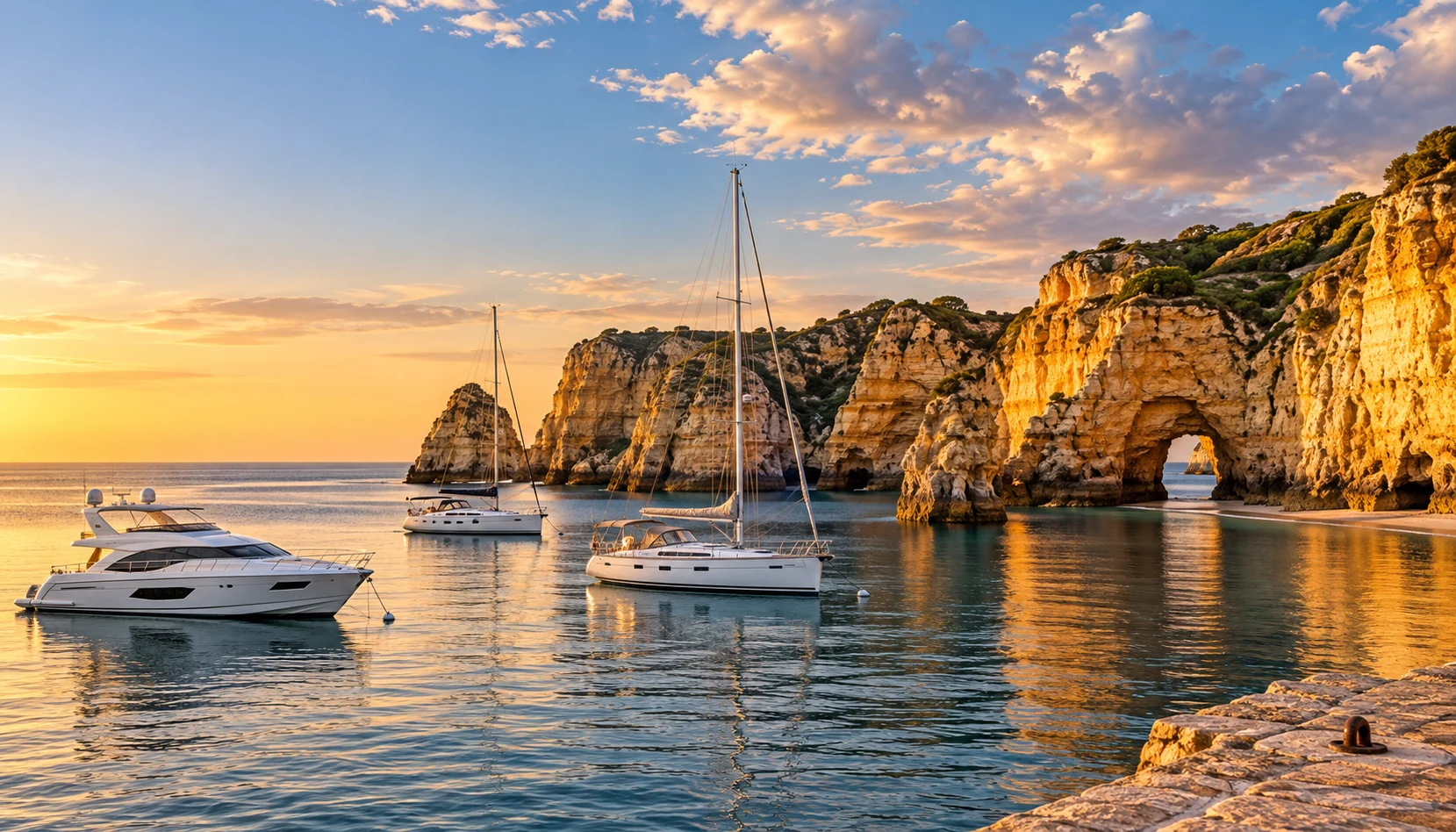 Portuguese coast with yachts at anchor, boats for sale Portugal
