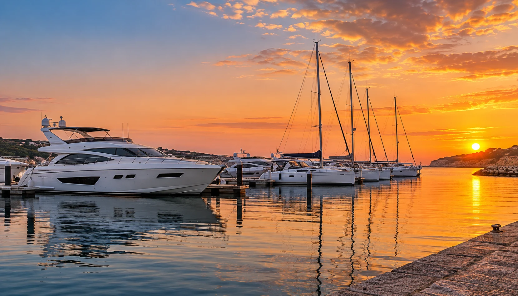 Large motor yacht in a Portuguese marina at sunset, buy a yacht Portugal
