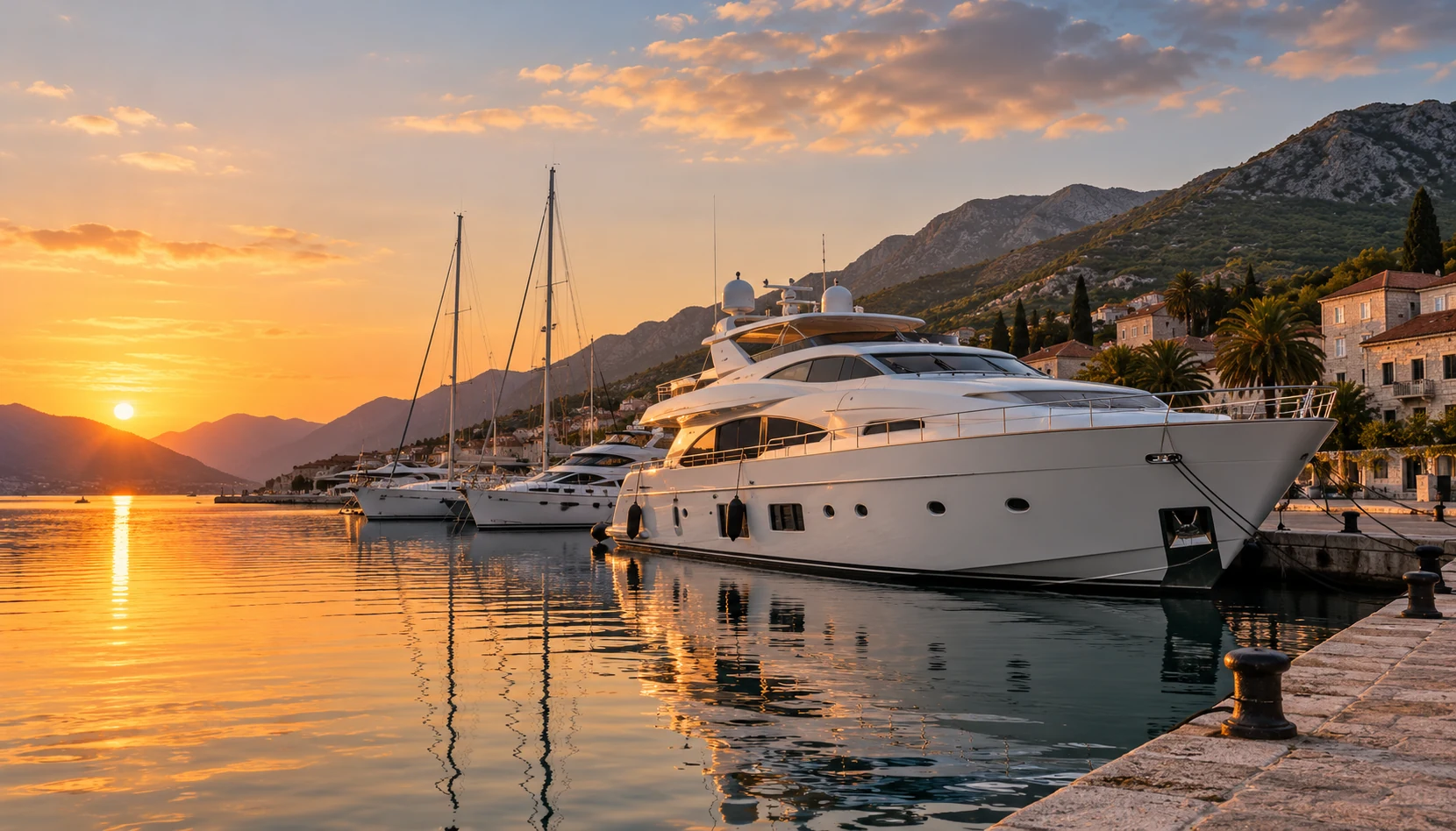 Montenegro marina at golden hour with moored yachts, yacht brokers Montenegro