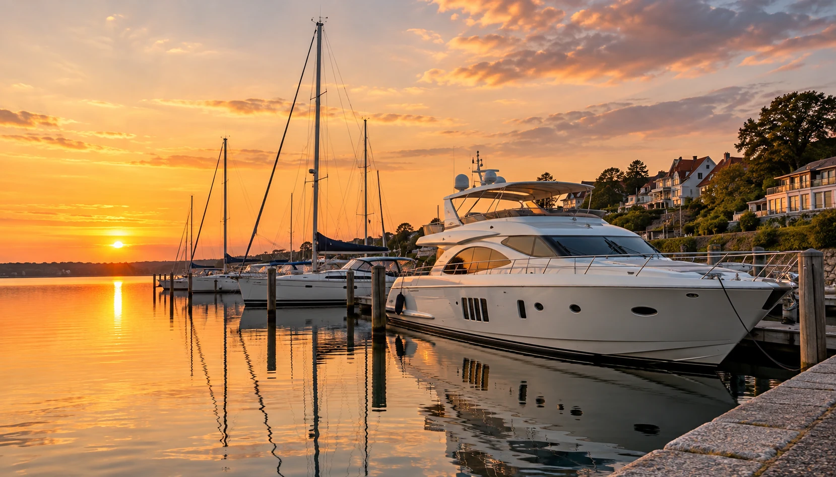 Germany marina at golden hour with moored yachts, yacht brokers Germany