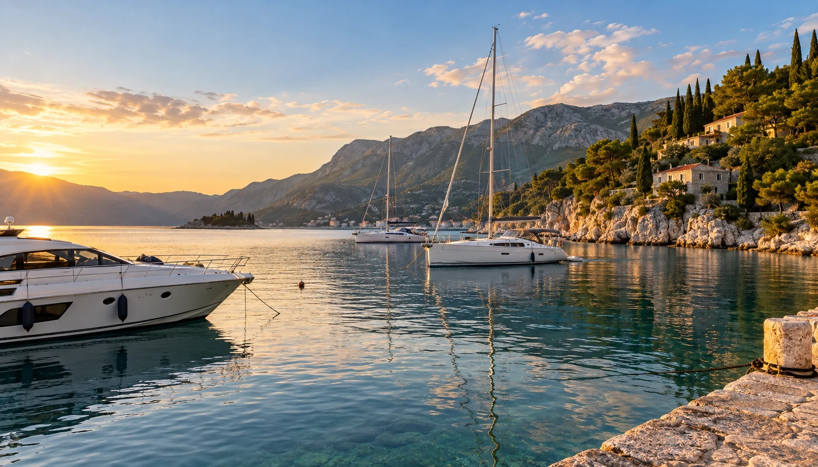 Yachts along a Montenegro harbour quay, sell my boat Montenegro