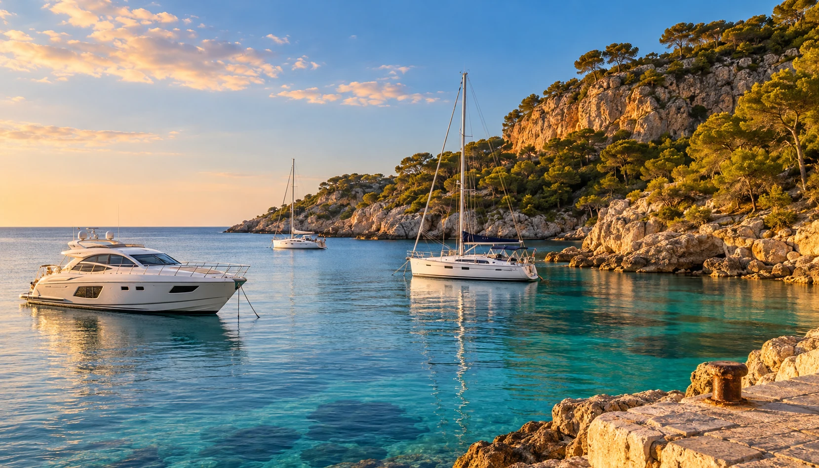 Spain coast with yachts at anchor, yacht brokers Spain