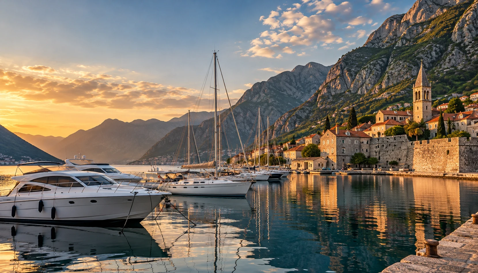 Motor yacht in a Spain marina at sunset, sell my boat Spain