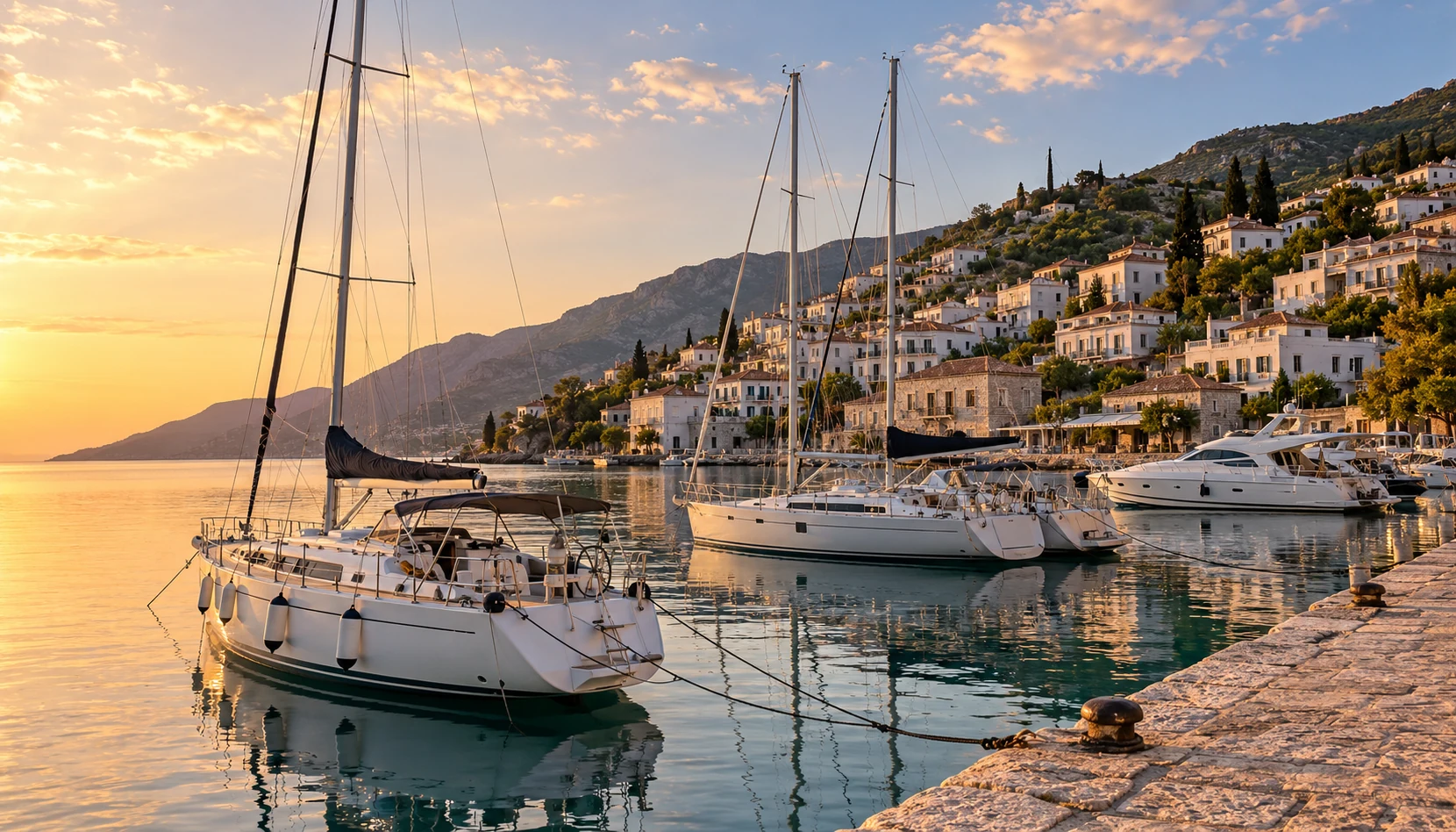 Yachts along a Albania harbour quay, sell my boat Albania