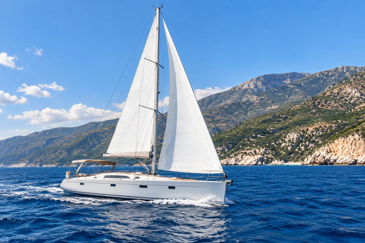 A sailing yacht crosses deep blue water below the mountains and pale limestone coast of Albania.