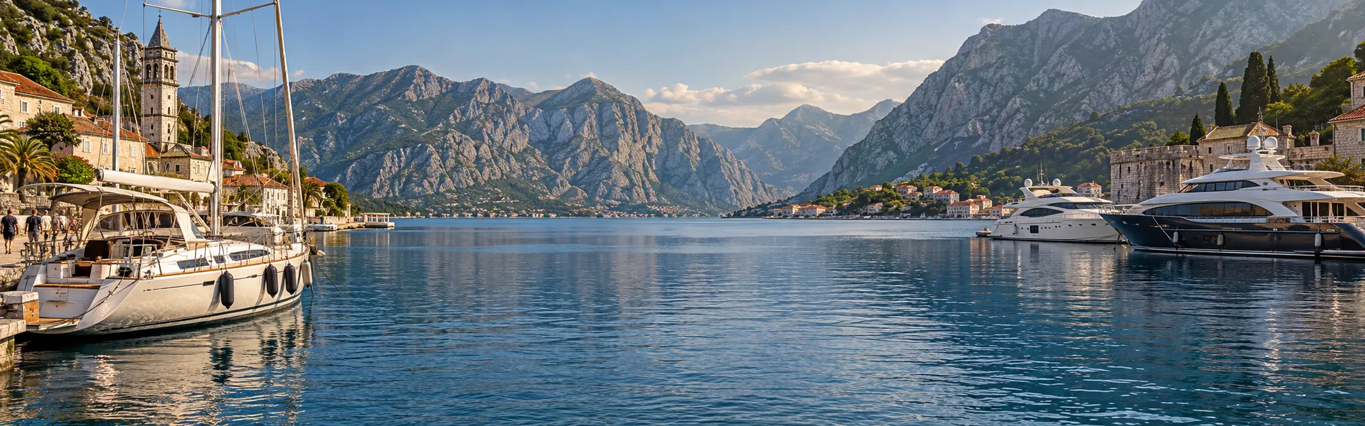Yachts at rest around a calm Montenegrin bay in soft afternoon light