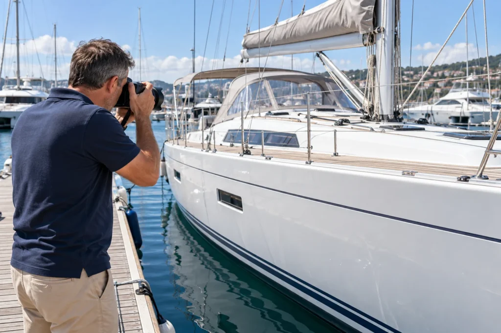 Broker photographing a boat for sale