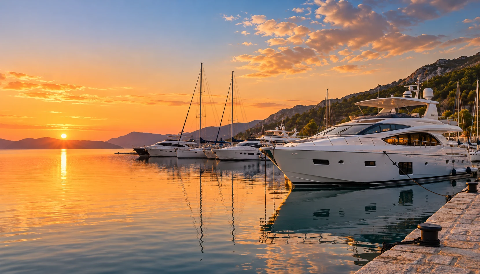 Motor yacht in a Greece marina at sunset, sell my boat Greece