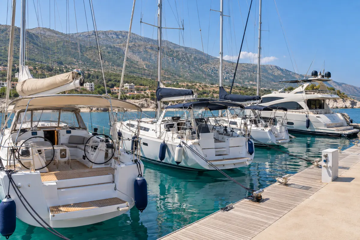 Sailing yachts and a motor yacht moored beside a tidy pontoon in Albania.