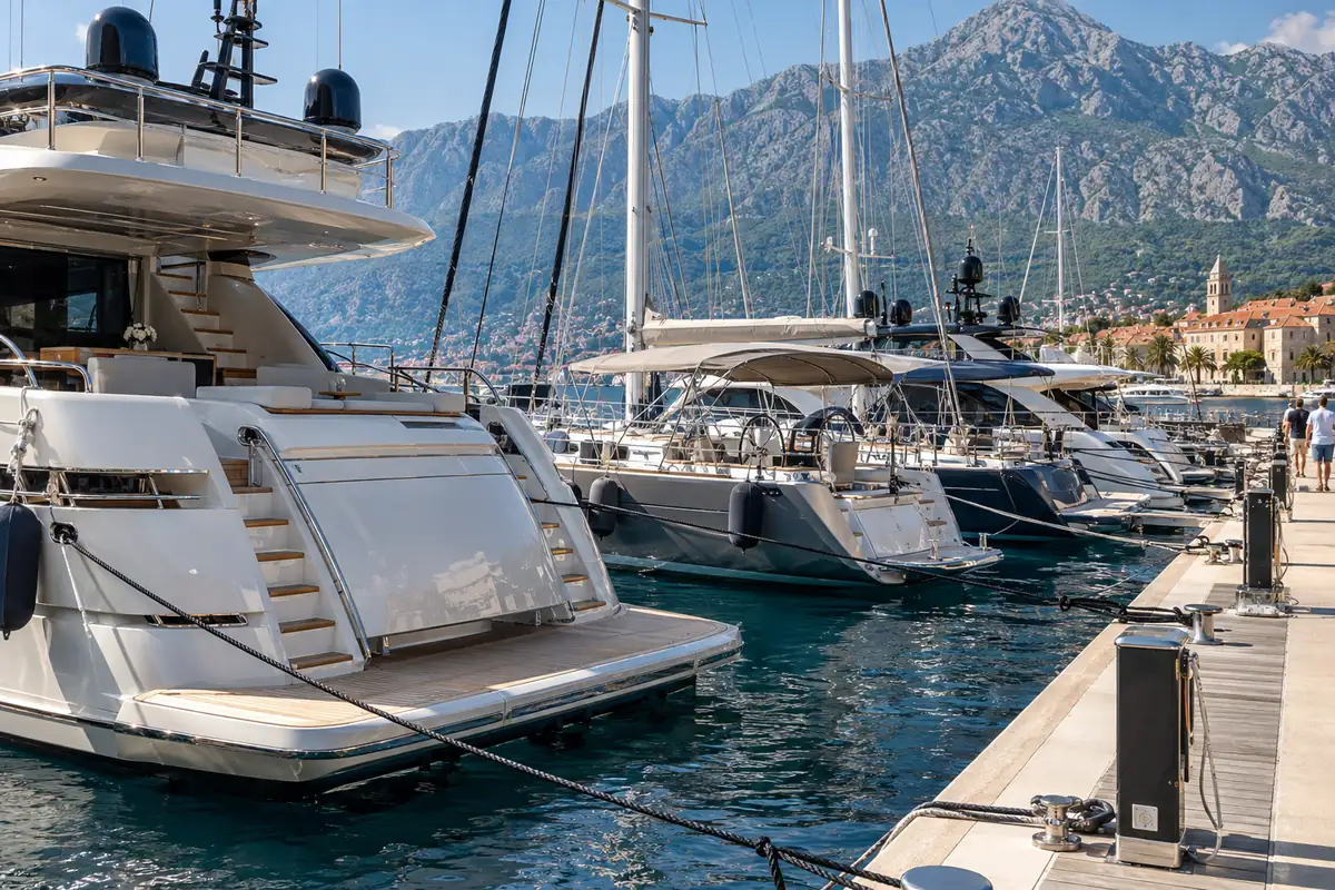 Motor yachts and sailing yachts moored stern-to beside a marina pontoon in Montenegro